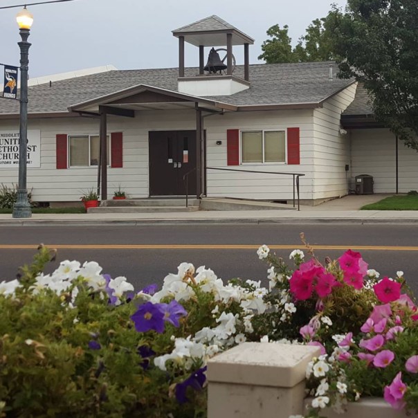 view of church from Subway sandwich shop